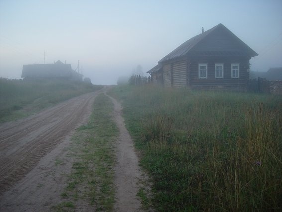 a dirt road in front of a wooden house on a foggy day with grass and weeds