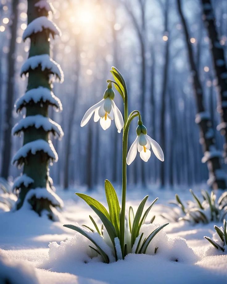 two snowdrops in the middle of a snowy forest with sunlight shining through the trees