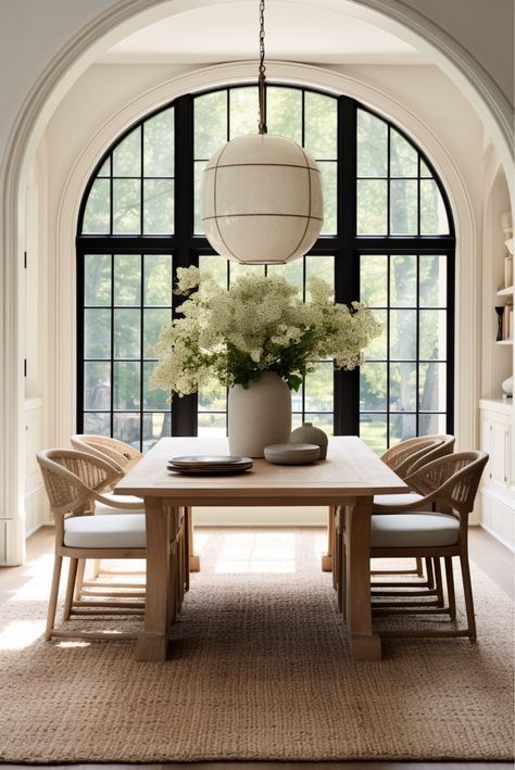 a dining room table with chairs and a vase filled with flowers on top of it