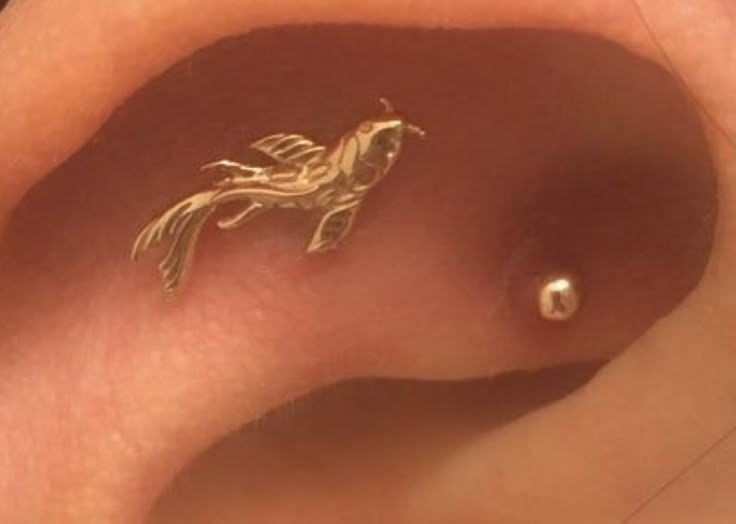 a close up of a person's ear with a small gold horse on it