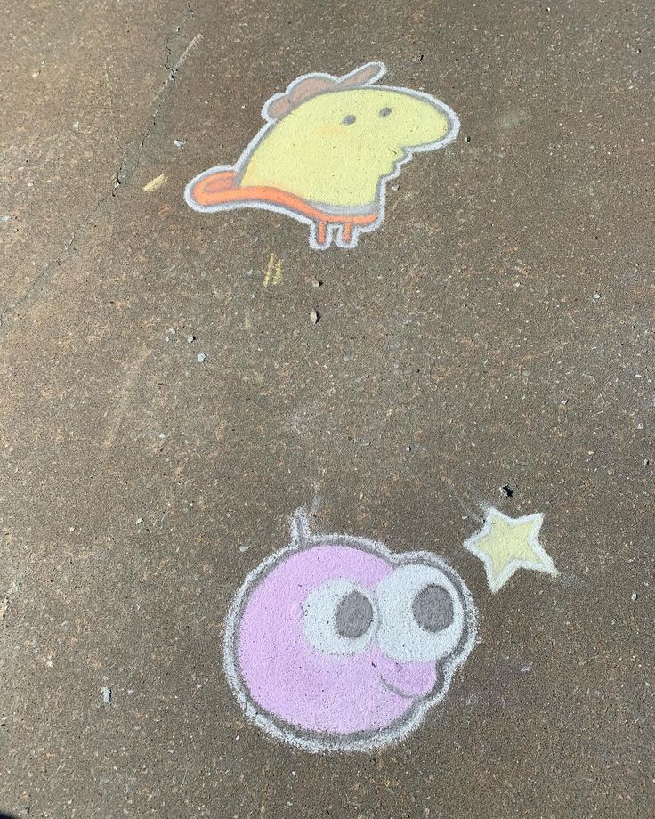 two drawings on the ground next to each other, one with a bird and star