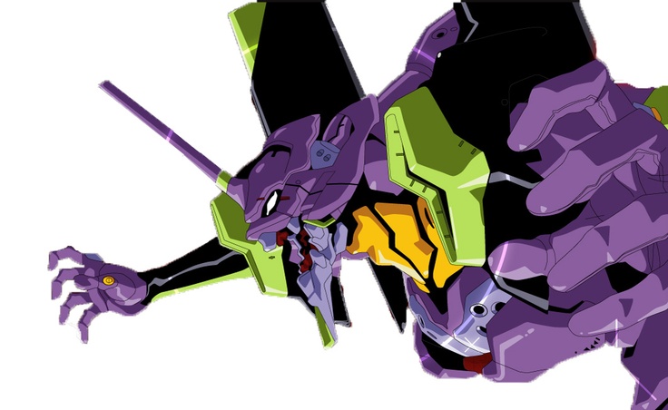 a drawing of a purple and green robot with one arm extended, holding a black object