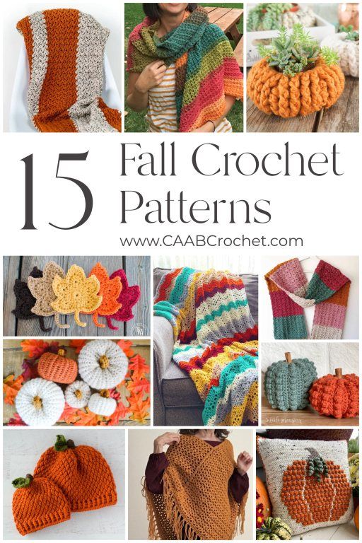 15 fall crochet patterns with pumpkins and leaves on the side, including afghans