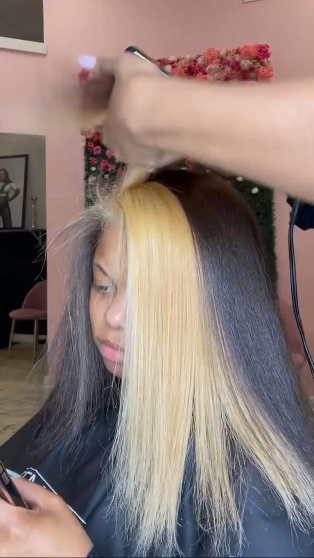 Colored Hair Silk Press, Quick Weave With Different Color Leave Out, Skunk Stripe Hair Straight Hair, Blonde Streak In Front Of Hair Black Women, Blonde Skunk Stripe Natural Hair, Skunk Stripe Silk Press, Honey Blonde Peekaboo, Peak A Boo Hair Color Black Women, Blonde Skunk Stripe Wig