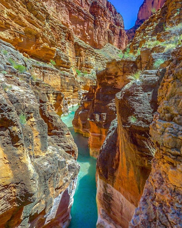 a person is swimming in the water between two large canyons that are surrounded by red rocks