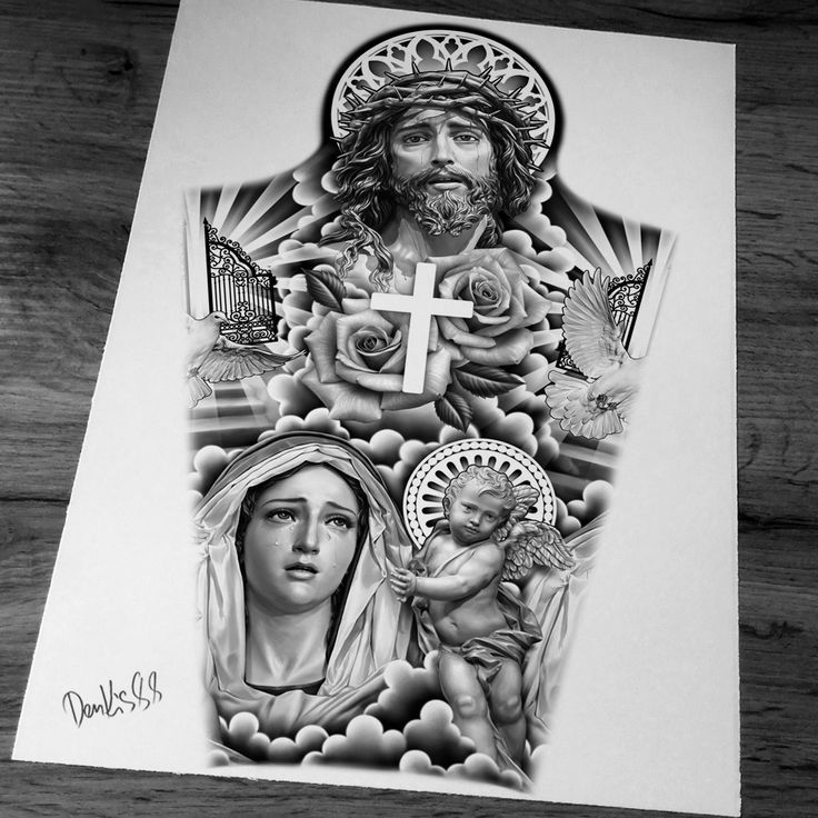 an image of jesus and mary with roses in the background on a piece of paper