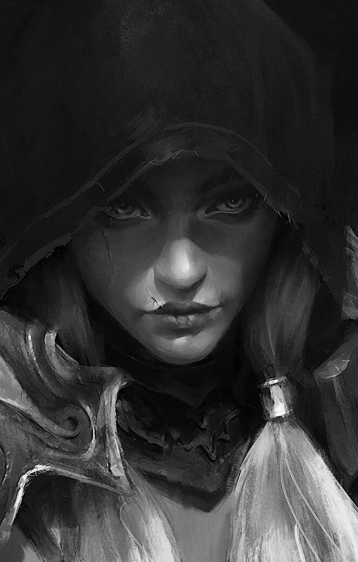 a black and white drawing of a woman wearing a hood