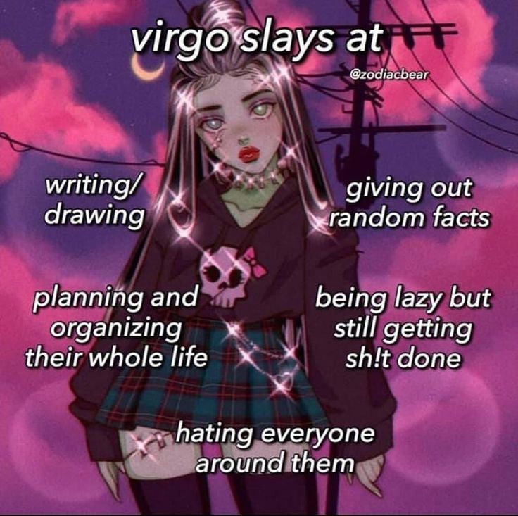 a girl with long hair wearing a school uniform and text that reads, virgo slays at writing / drawing / random fact