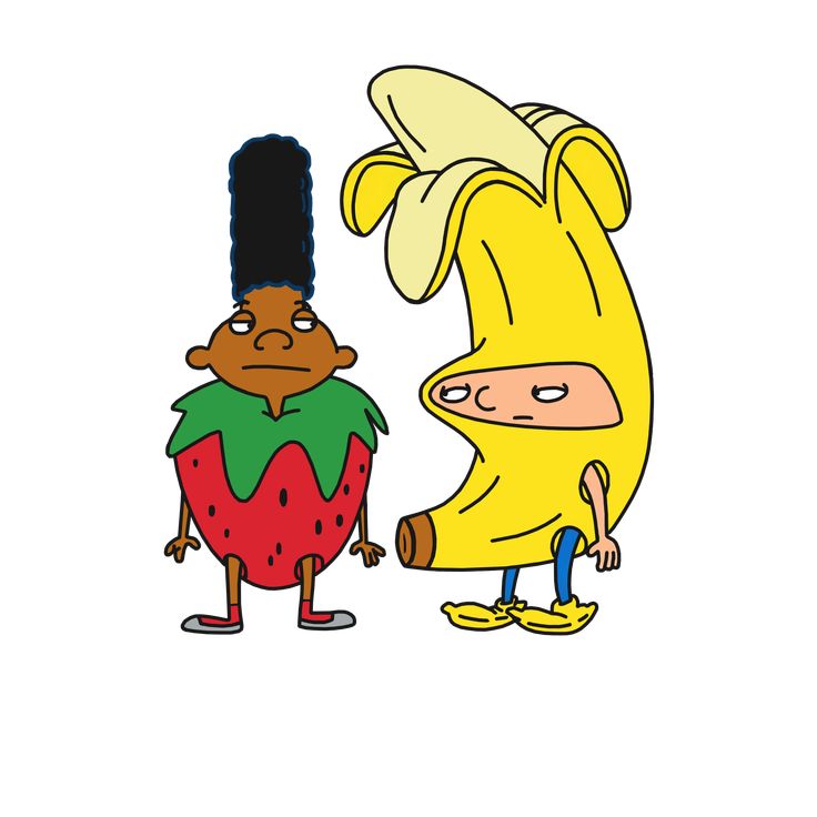 two cartoon characters are standing next to each other, one has a banana on his head