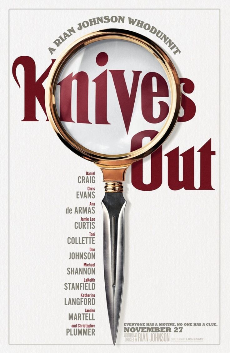 a poster for knives out with a magnifying glass on the top of it