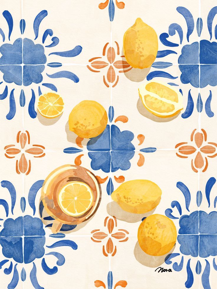 a painting of lemons and tea on a blue and white tile background with flowers