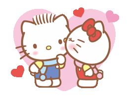 an image of two hello kittys kissing each other on valentine's day with hearts in the background