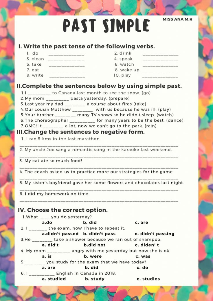 the past simple worksheet is filled with colorful confetti and text that reads,