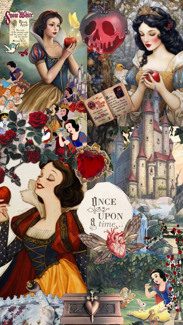 disney princess collage featuring snow white and the evil queen from beauty and the beast