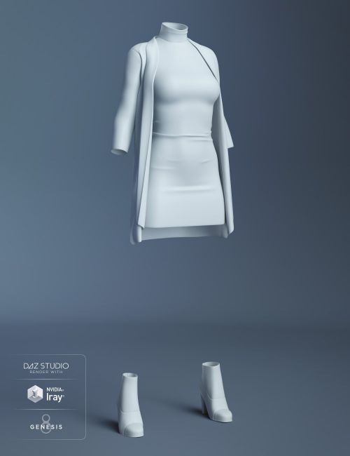 an image of a white dress and booties on a grey background with the caption's description below it