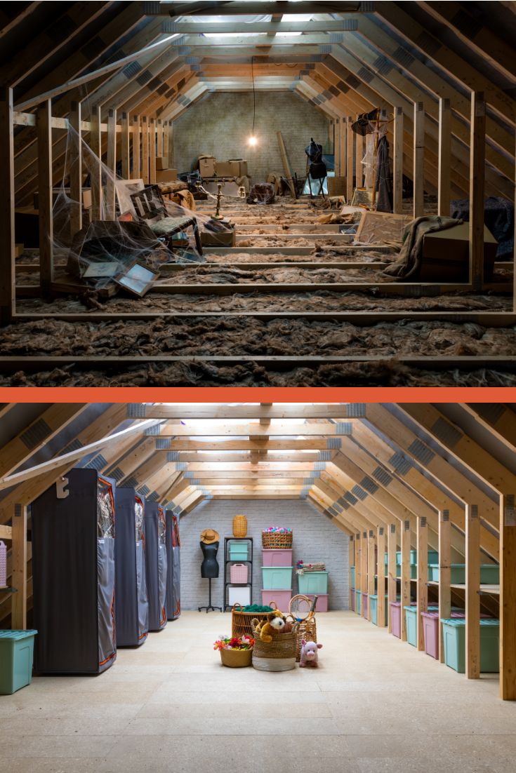 two pictures of the inside of an attic