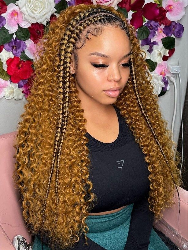 Long Golden Curls with Braids to the Sides Braids With Gold Accessories, Braided Pony, Colored Box Braids, Tight Braids, Individual Braids, Boho Twists, Hair Cuffs, Colored Braids, Fulani Braids