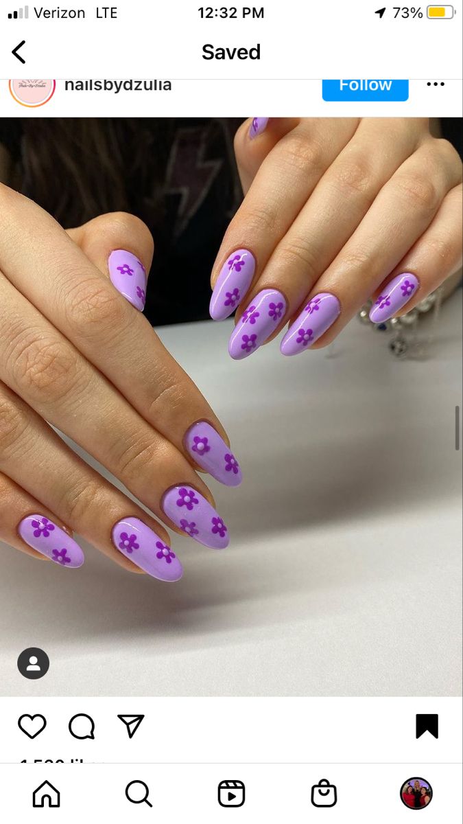 Cute Nail Designs Colorful, Fun Nail Designs Purple, Purple And Flower Nails, Purple On Purple Nails, Purple Cherry Nails, Purple Nail Designs For Summer, Bright Color Nail Designs Summer, Purple Retro Nails, Bright Flower Nail Designs