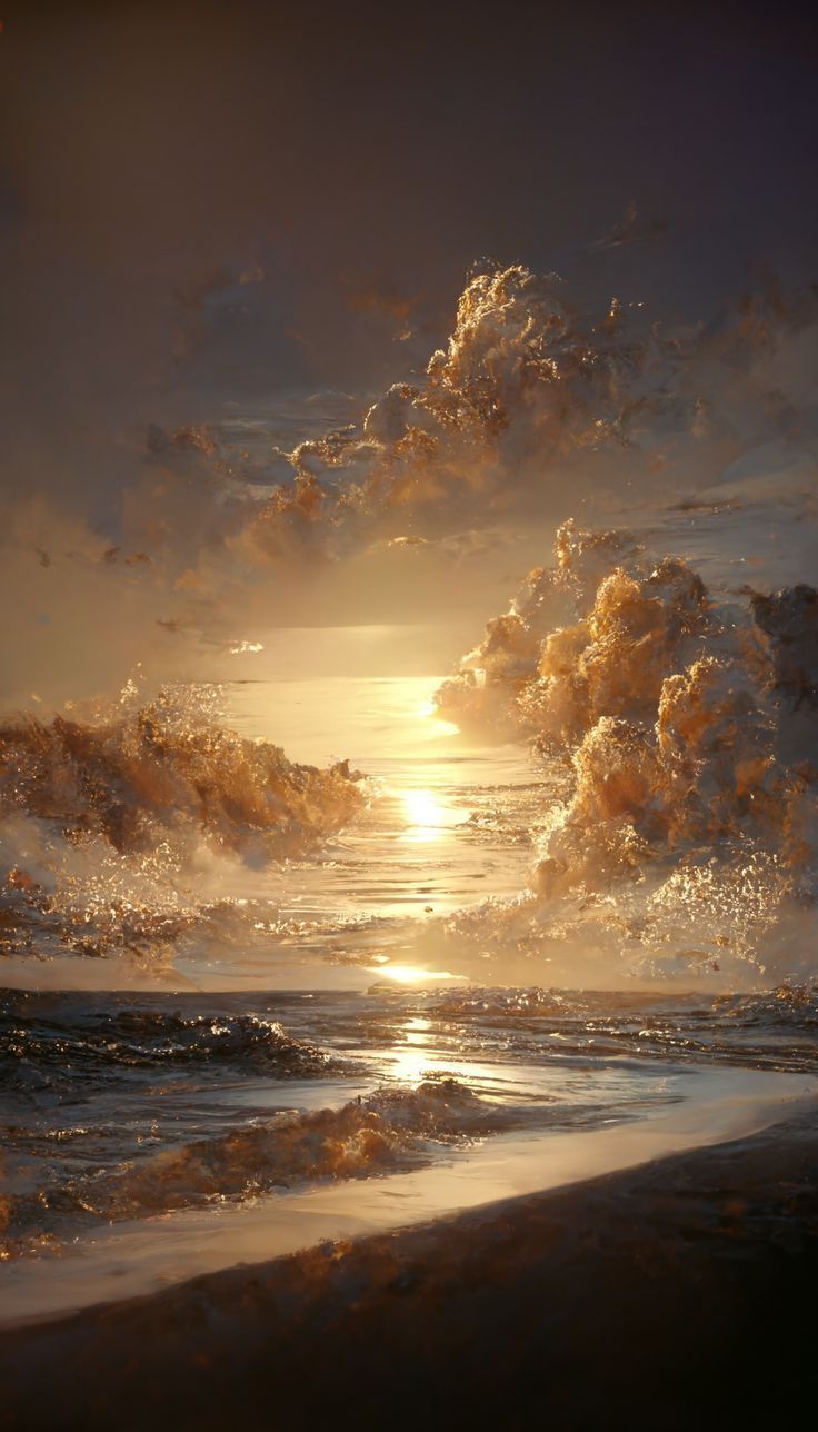 the sun is setting over the ocean with clouds in the sky and water on the beach