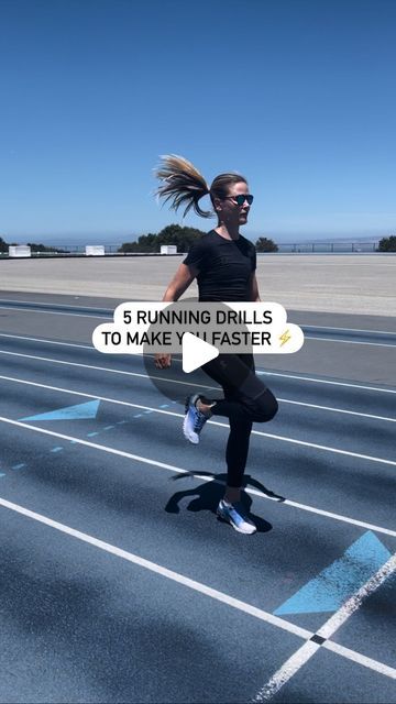 a woman running across an empty parking lot with the words 5 running drills to make it faster