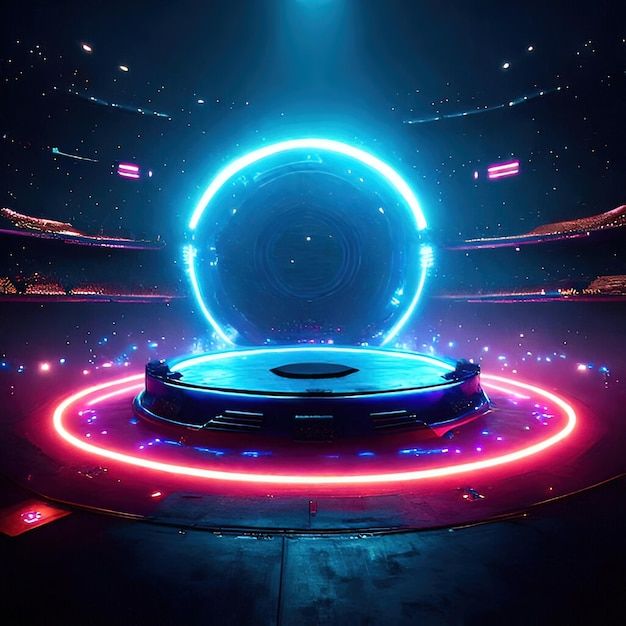 a large circular object in the middle of a stage with neon lights on it's sides