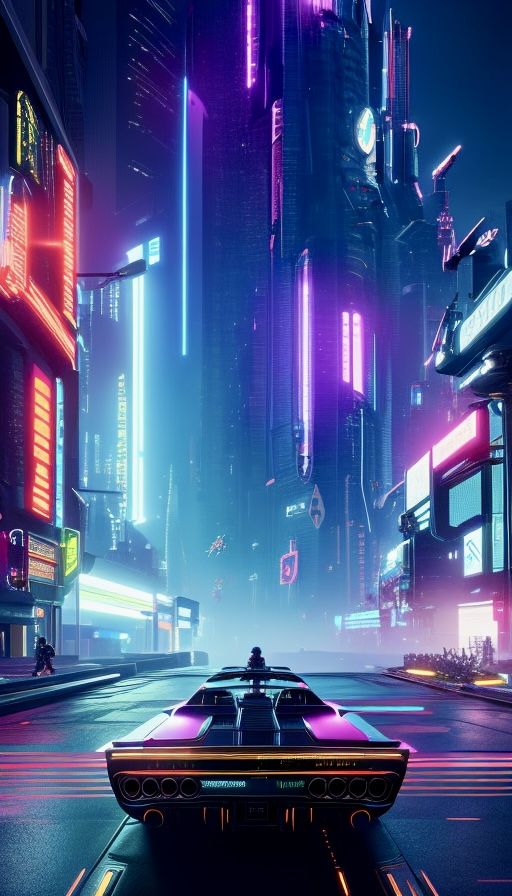 a futuristic city at night with neon lights and cars driving down the street in front of tall buildings