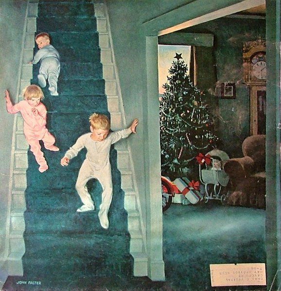 two children are climbing up the stairs in front of a christmas tree, and another child is on the other side of the staircase