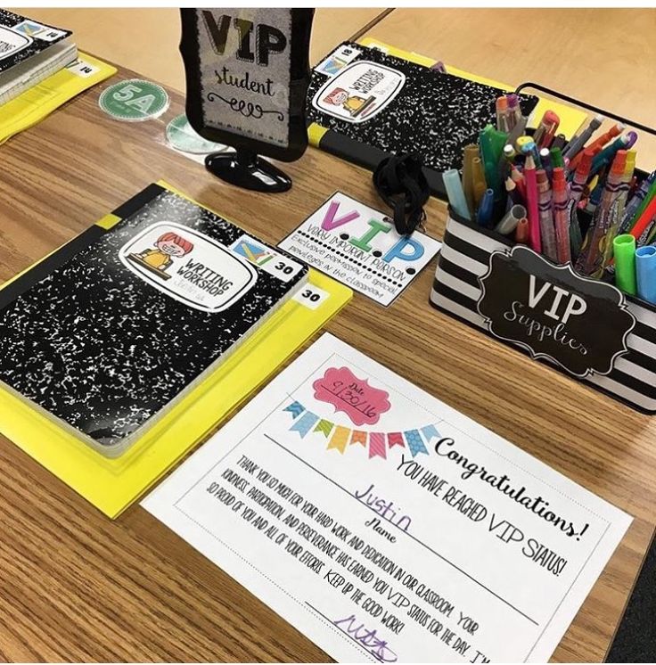 the desk has many school supplies on it, including pens and pencils in their holders