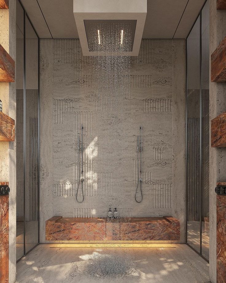 a large bathroom with two shower heads in the wall and wooden shelves on either side