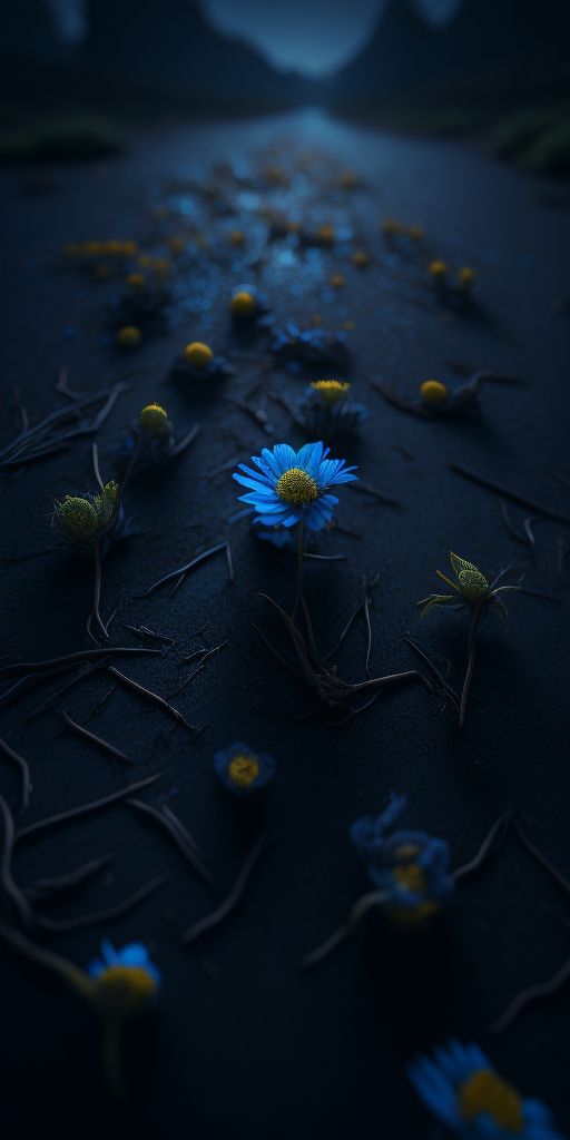 blue and yellow flowers in the middle of a dark ground with grass growing out of it