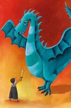 a painting of a blue dragon holding a magnifying glass next to a little boy