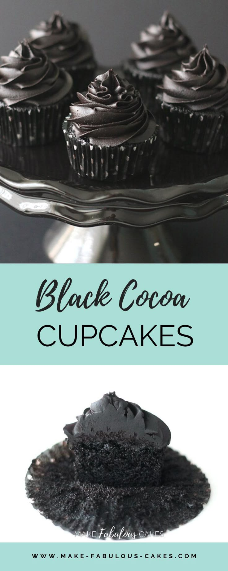 black cocoa cupcakes with chocolate frosting on top and the words, black cocoa cupcakes