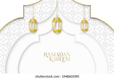 rama kareesh greeting card with arabic calligraphy and gold lanterns on white background