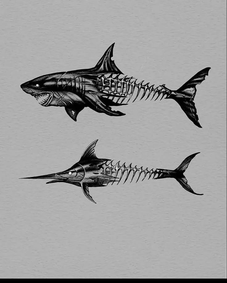 two fish skeletons are shown in black and white, one is skeletoned to the side