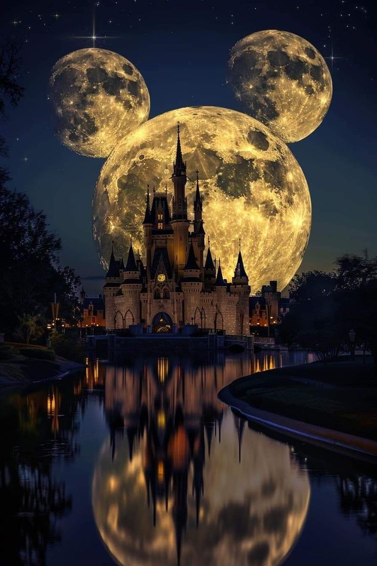 the castle is lit up at night with full moon in the sky and stars above it