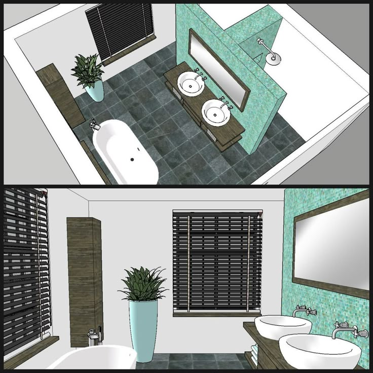 two views of a bathroom with green walls