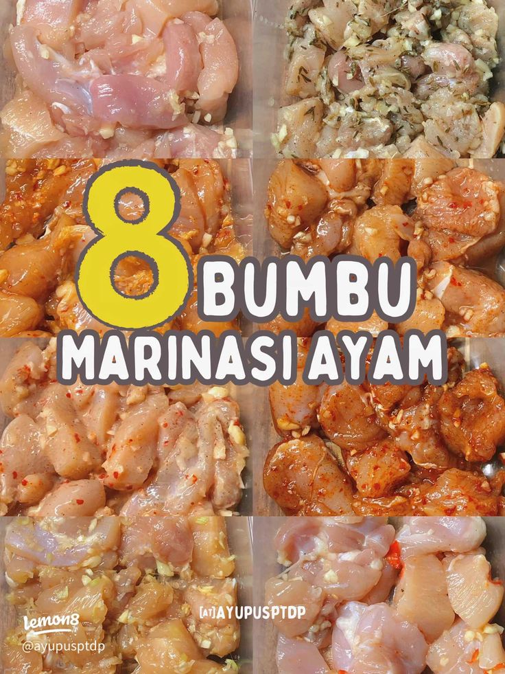 eight different types of food in plastic containers with the words 8 bumu marinasiaiyam