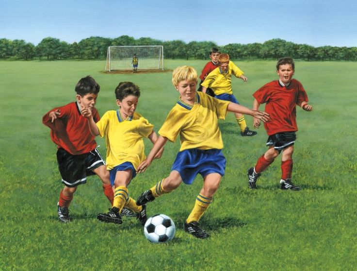 a painting of children playing soccer on a field with grass and trees in the background