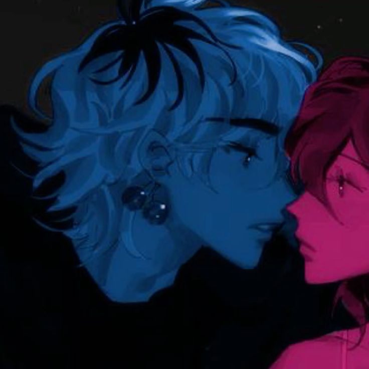 two people with blue and pink hair are facing each other