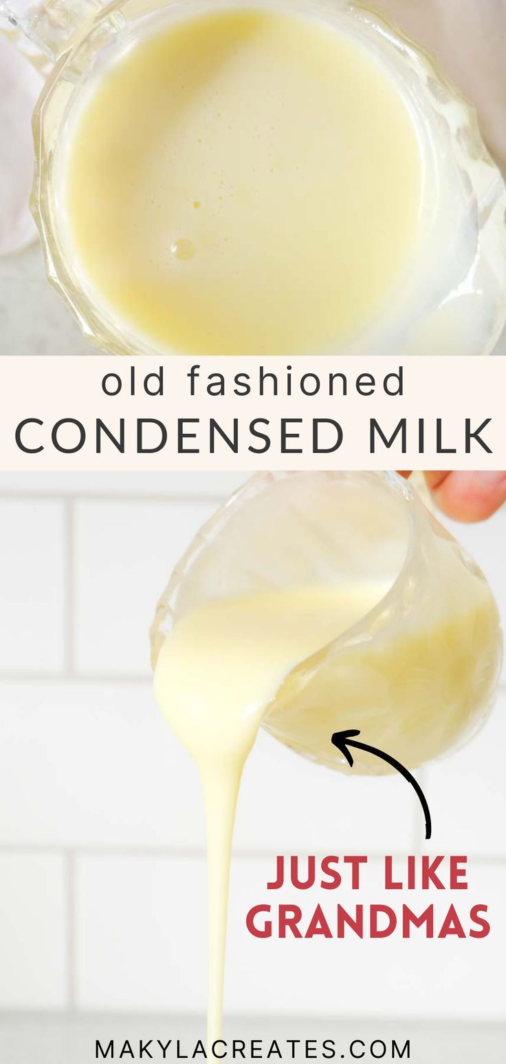 an old fashioned milk is being poured into a glass bowl with the words just like grandmas