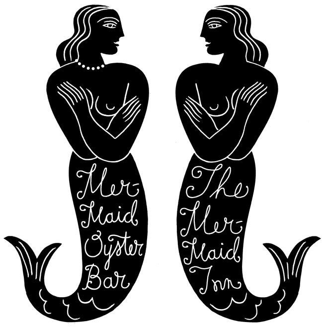 two mermaids with their backs turned to each other, one is holding the other's hand