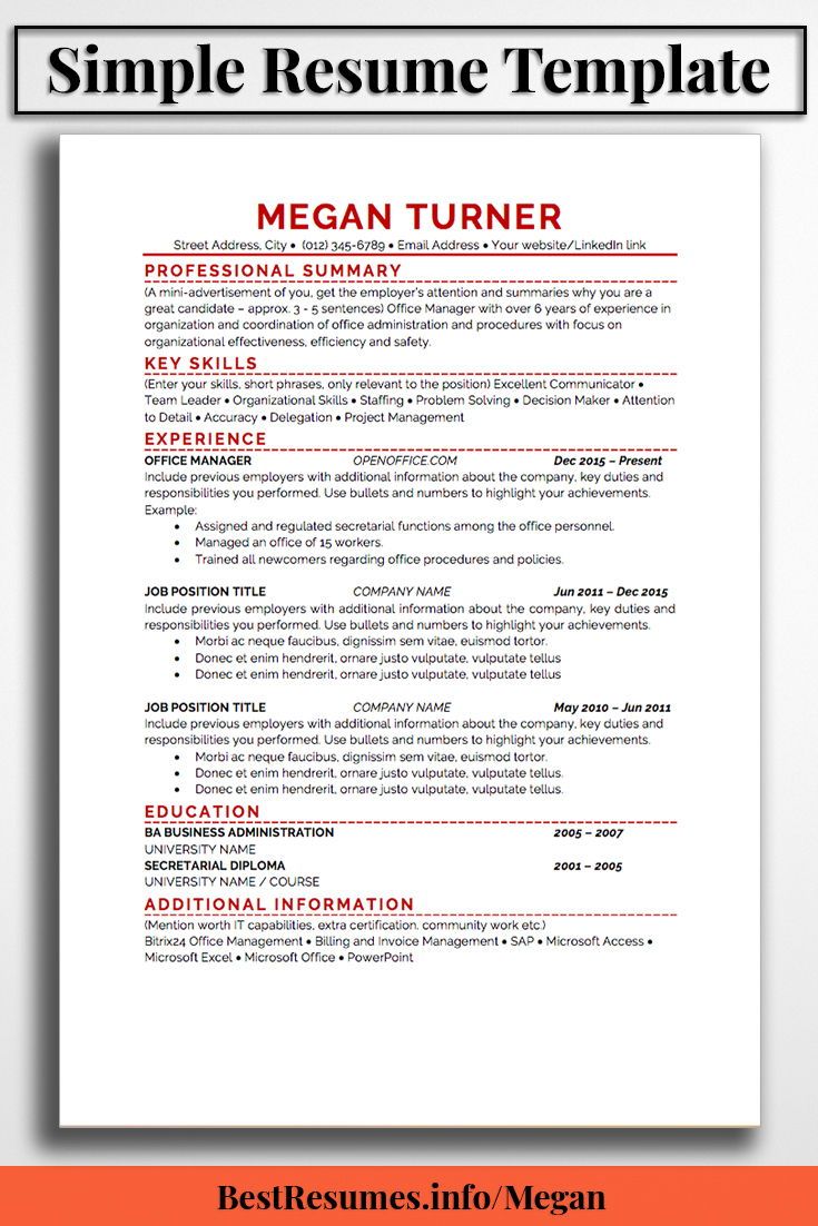 a professional resume template with red accents on the front and bottom, in an orange background