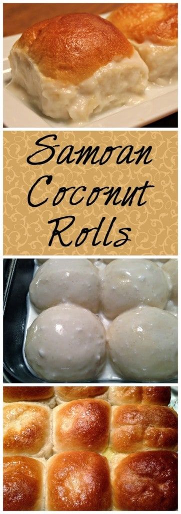 three different types of breads and rolls with the words samoon coconut rolls