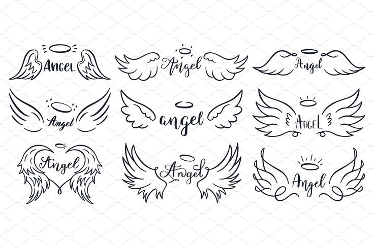 six angel wings with the words angel and angel on them