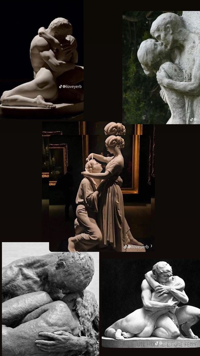 four different sculptures are shown together in black and white photos, one is holding the other's head