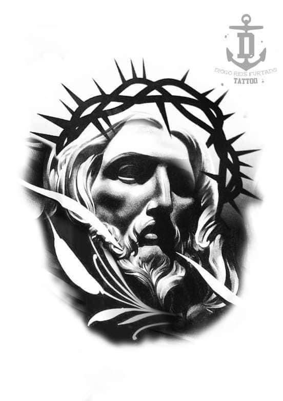 a black and white drawing of jesus with the crown of thorns on his head