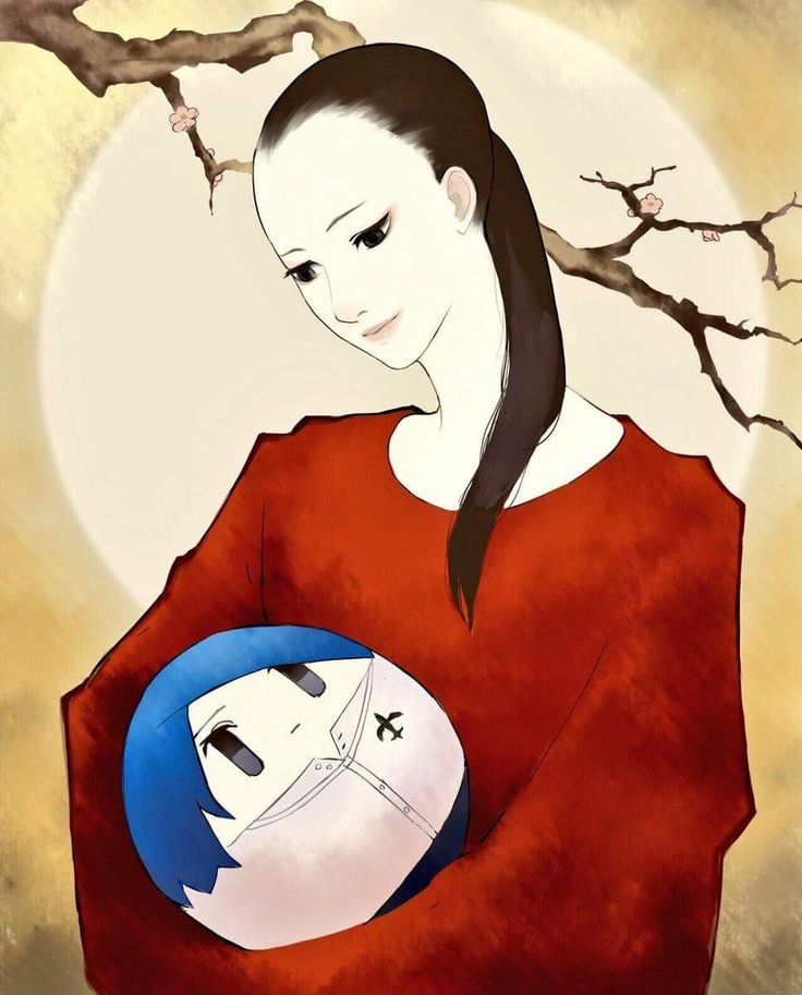 a painting of a woman holding a child in front of a full moon with bare branches