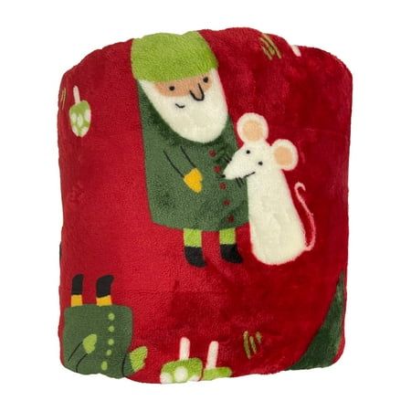 a santa clause holding a white mouse on a red pillow with green trimmings