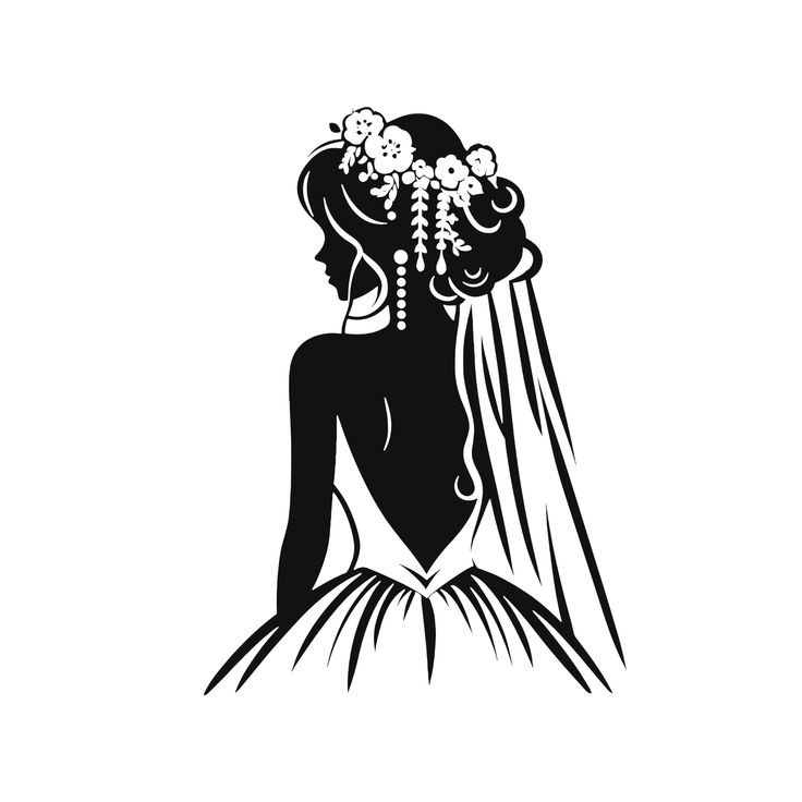 the silhouette of a woman with flowers in her hair, wearing a wedding dress and veil