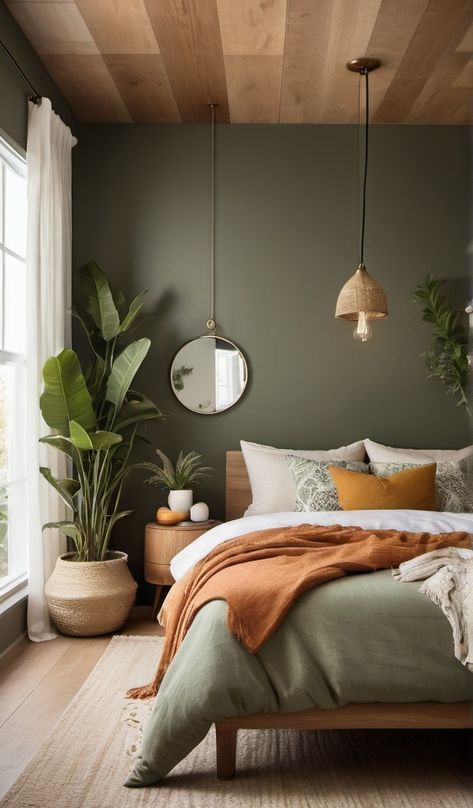 a bedroom with green walls and wooden floors, plants on the side of the bed